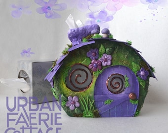 purple Fairy house handmade, tissue box cover, Pagan Décor, fairy cottage, Gnome home, gift for Christmas, square tissue box