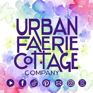 May include: A watercolour illustration of flowers in various shades of pink, purple, blue, and green. The text "URBAN FAERIE COTTAGE COMPANY" is in bold, purple letters. Social media icons are displayed below the text.