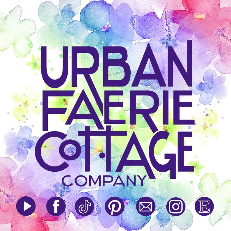 May include: A watercolour illustration of flowers in various shades of pink, purple, blue, and green. The text "URBAN FAERIE COTTAGE COMPANY" is in bold, purple letters. Social media icons are displayed below the text.