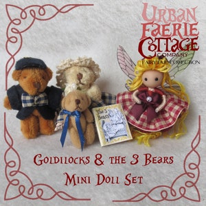 Goldilocks and the 3 bears fairytale doll set,  Handmade fairy bendy doll ornament,  small stuffed bears fairy gift, fairycore decor