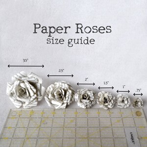 Puede incluir: Una gu&iacute;a de tallas para rosas de papel, que muestra seis rosas de diferentes tama&ntilde;os, que van desde 8,9 cm hasta 1,9 cm de di&aacute;metro. Las rosas est&aacute;n hechas de papel blanco y est&aacute;n dispuestas en una fila sobre una superficie blanca.