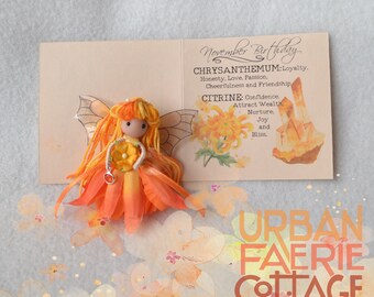 November Birthday Fairy, Fairy Figurine, flower fairy doll, small yellow orange fairy, Citrine Chrysanthemum faerie, unique birthday gift