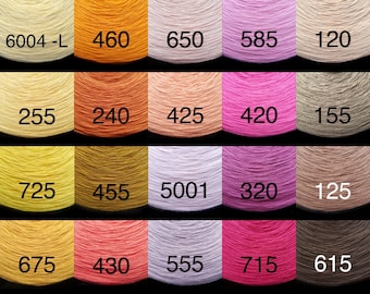 May include: A selection of yarn skeins in a variety of colours, each labelled with a unique number. Colours range from cream, orange, and pink to green, purple, and brown. The image showcases a diverse palette of yarn options for crafting projects.