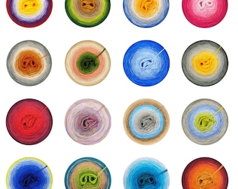 May include: A collection of 25 colorful yarn balls, each with a unique pattern and color combination. The yarn balls are arranged in a grid pattern on a white background.