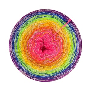 May include: A skein of rainbow colored yarn with silver thread woven throughout. The yarn is wound into a ball shape with a pink center.