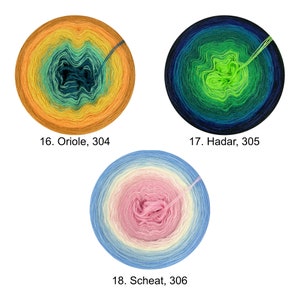 May include: Three skeins of yarn in different color gradients. The first skein is orange, yellow, and green. The second skein is blue, green, and lime green. The third skein is light blue, pink, and white. Each skein has a number and name printed below it. The first skein is labeled "16. Oriole, 304". The second skein is labeled "17. Hadar, 305". The third skein is labeled "18. Scheat, 306".