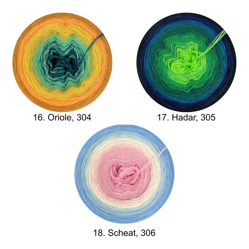 May include: Three skeins of yarn in different color gradients. The first skein is orange, yellow, and green. The second skein is blue, green, and lime green. The third skein is light blue, pink, and white. Each skein has a number and name printed below it. The first skein is labeled "16. Oriole, 304". The second skein is labeled "17. Hadar, 305". The third skein is labeled "18. Scheat, 306".