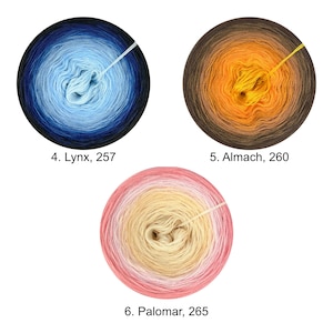 May include: Three skeins of yarn in gradient colors. The skeins are wound into balls and show the color transitions. The colors are blue to light blue, brown to orange, and pink to cream. The skeins are labeled with numbers and names: 4. Lynx, 257, 5. Almach, 260, and 6. Palomar, 265.