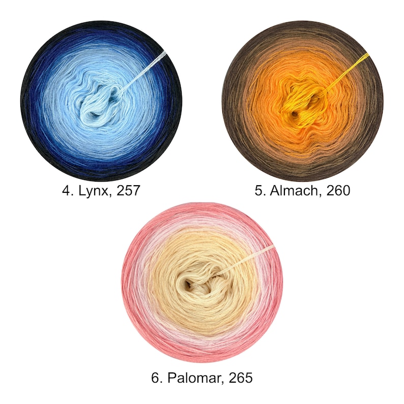 May include: Three skeins of yarn in gradient colors. The skeins are wound into balls and show the color transitions. The colors are blue to light blue, brown to orange, and pink to cream. The skeins are labeled with numbers and names: 4. Lynx, 257, 5. Almach, 260, and 6. Palomar, 265.