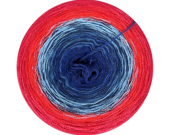 Gradient Yarn Cake, Cotton, Torino 418+ boucle strand in red and blue, Color transition yarn