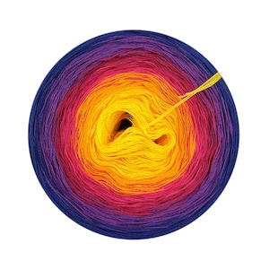 May include: A colourful ball of yarn, displaying a gradient from dark purple to yellow. The yarn is tightly wound, with a single strand extending from the centre. Suitable for knitting and crochet projects, this yarn offers a spectrum of hues.