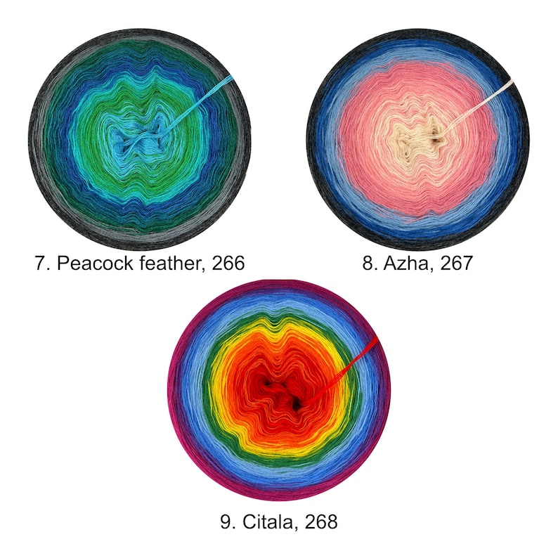 May include: Three skeins of yarn in different color combinations. The first skein is a gradient of teal, green, and gray. The second skein is a gradient of pink, cream, and blue. The third skein is a gradient of purple, red, orange, yellow, green, and blue. The skeins are labeled with numbers and names: 7. Peacock feather, 266, 8. Azha, 267, 9. Citala, 268.