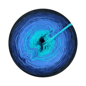May include: A ball of yarn with a gradient of blue and turquoise colors. The yarn is wound into a circle and the end of the yarn is pulled out of the center.