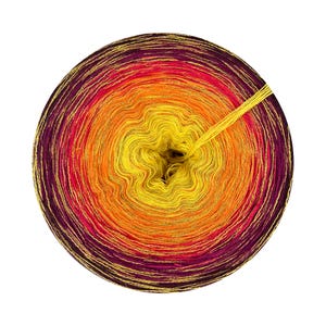May include: A circular ball of yarn displaying a gradient of colours. The yarn transitions from a deep purple to a bright yellow centre, with shades of red and orange in between. A strand of yellow yarn extends from the centre.