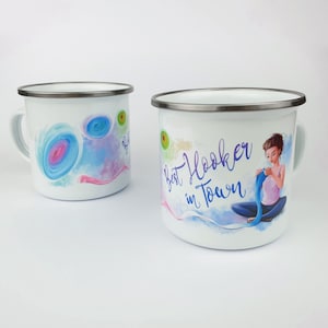 Emaille Tasse, weißer Becher mit silbernem Rand für Häkeler, Campingbecher mit lustigem Spruch