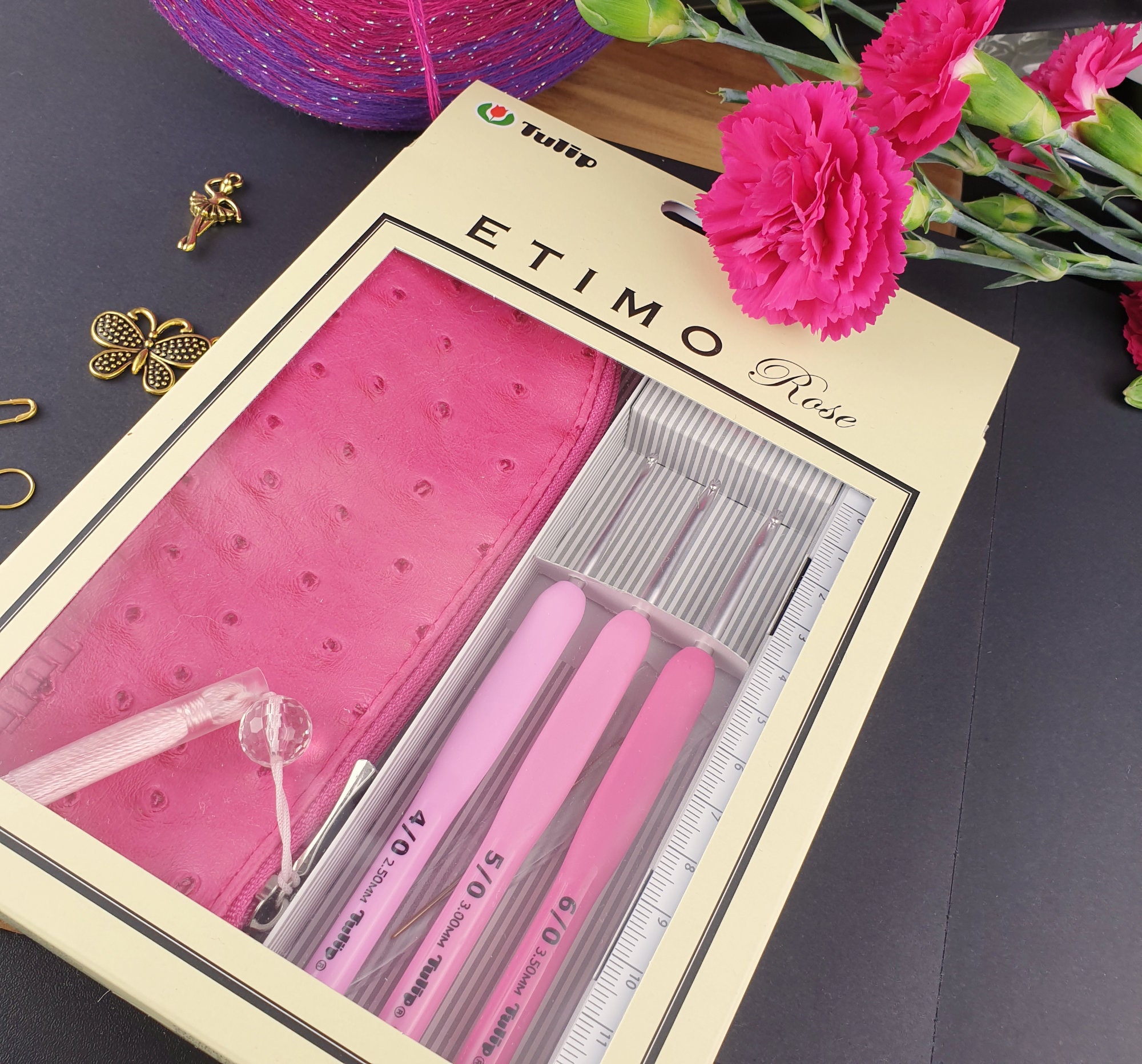 Tulip Etimo Rose Crochet Hooks Set in Small Case With Ruler and Yarn Needle,  Perfect Gift for Crocheters, 4/0, 5/0, 6/0 2.5, 3.0, 3.5mm, 