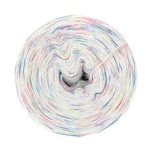 May include: A close-up of a spool of colorful yarn. The yarn is wound tightly around the spool, creating a circular pattern. The yarn is a mix of white, blue, pink, and green.
