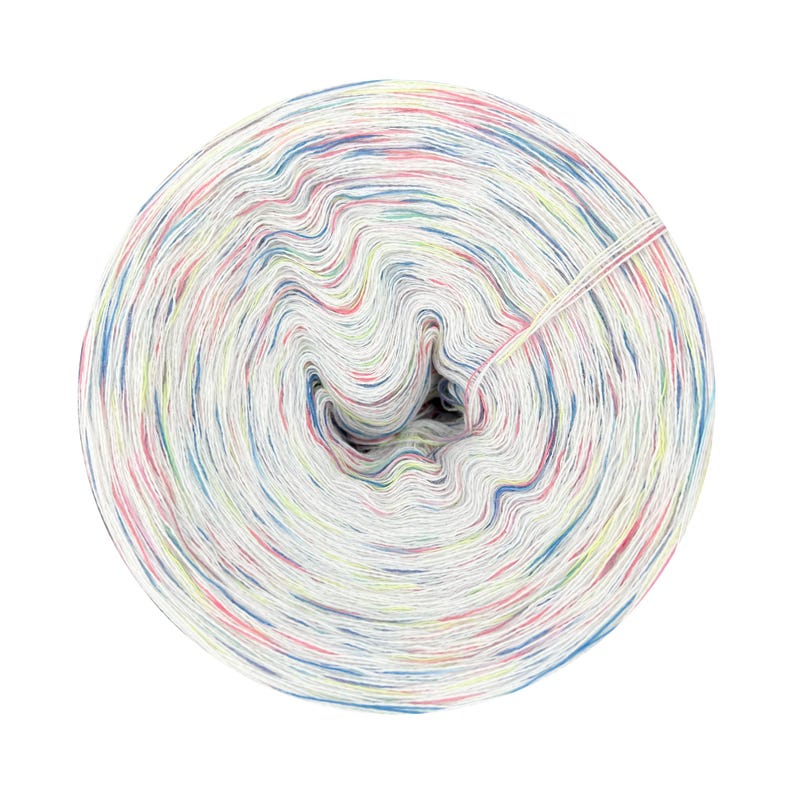 May include: A close-up of a spool of colourful yarn. The yarn is wound tightly around the spool, creating a circular pattern. The yarn is a mix of white, blue, pink, and green.