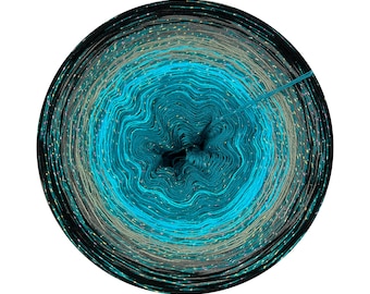 May include: A skein of yarn with a blue, gray, and black color gradient. The yarn is wound into a ball shape and has a shiny, iridescent finish.