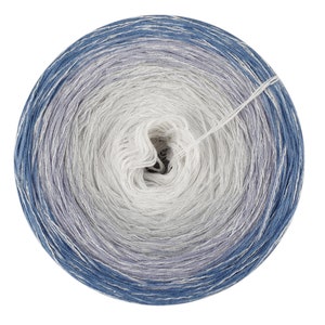 May include: A skein of yarn with a gradient of blue, white, and silver. The yarn is wound into a ball shape and has a shiny, metallic finish.