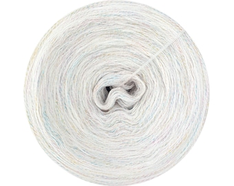 May include: A white ball of yarn with multicoloured flecks. The yarn is wound into a tight coil.
