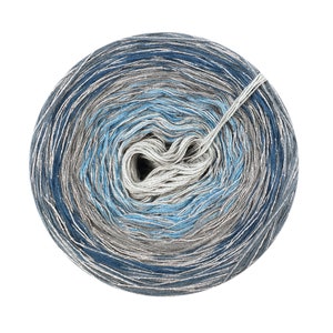 May include: A skein of yarn in a blue, gray, and silver color gradient. The yarn is wound into a ball shape and is ready for knitting or crocheting.