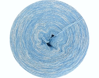 May include: A skein of light blue yarn with white flecks. The yarn is wound into a circular shape.