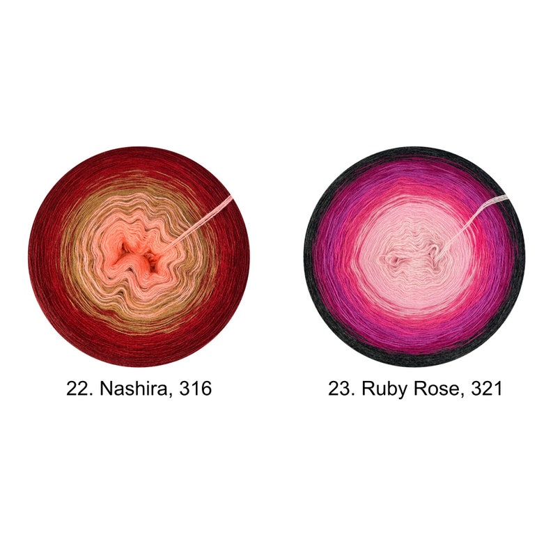 May include: Two skeins of yarn, one red and orange ombre and one pink and purple ombre. The yarn is wound into a ball shape and the ends are visible. The yarn is labeled with the numbers 22. Nashira, 316 and 23. Ruby Rose, 321.