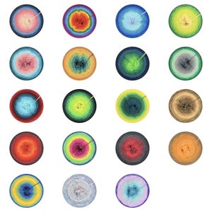 May include: A collection of nineteen circular yarn cakes arranged in a grid, each featuring a unique gradient color pattern. The yarn cakes display various color combinations including blues, pinks, greens, oranges, yellows, and neutral tones.