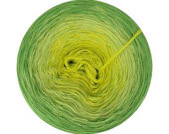 May include: A ball of green and yellow yarn with a gradient effect. The yarn is wound into a circle and the end of the yarn is visible.