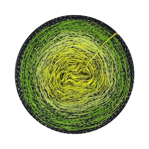May include: A skein of black, green, and yellow yarn with silver glitter thread. The yarn is wound into a ball shape.