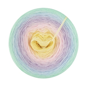May include: A ball of pastel yarn in shades of green, blue, purple, pink, and yellow. The yarn is wound into a circle and the end of the yarn is visible.