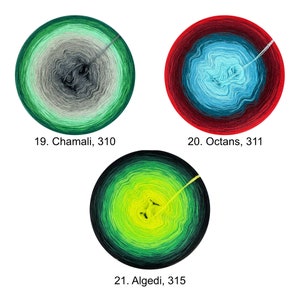 May include: Three skeins of yarn in different color gradients. The first skein is green, gray, and white. The second skein is red, blue, and turquoise. The third skein is green, yellow, and black. Each skein has a number and name printed on the label.