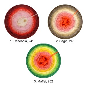 May include: Three skeins of yarn in different color gradients. The first skein is red, pink, and white. The second skein is green, yellow, orange, and pink. The third skein is brown, beige, pink, and orange. Each skein has a number and name printed below it. 1. Denebola, 241. 2. Segin, 248. 3. Maffei, 252.