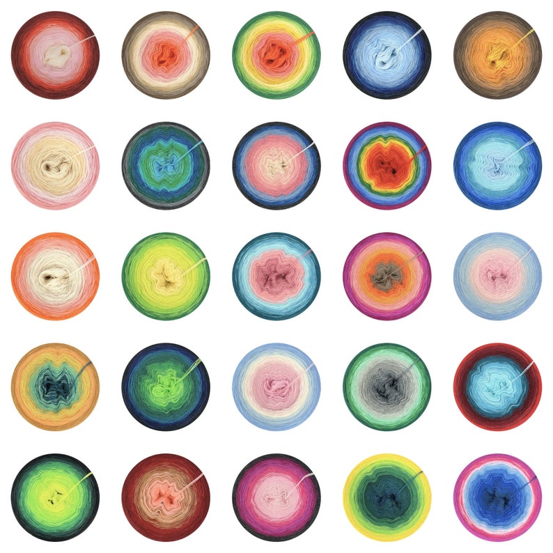 May include: Twenty-five colorful yarn balls with a gradient of colors. Each ball is a different color combination. The yarn balls are arranged in five rows of five balls each.