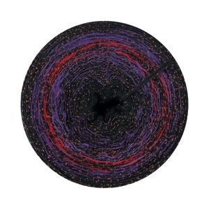 May include: A round ball of yarn in shades of black, purple, red, and gold. The yarn is tightly wound, with a dark center and a gradient of colors radiating outwards. The yarn has a slight shimmer, suggesting a metallic thread.