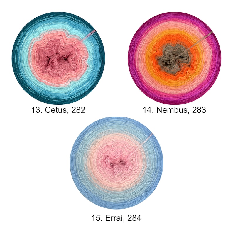 May include: Three skeins of yarn in different color gradients. The first skein is a blue and pink gradient, the second is a pink, orange, and brown gradient, and the third is a blue and pink gradient. The skeins are labeled with numbers and names: 13. Cetus, 282, 14. Nembus, 283, and 15. Errai, 284.