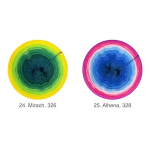 May include: Two skeins of yarn, one green and yellow gradient and one pink and blue gradient. The yarn is wound into a ball shape. The yarn is labeled with the numbers 24 and 25, and the names Mirach and Alhena.