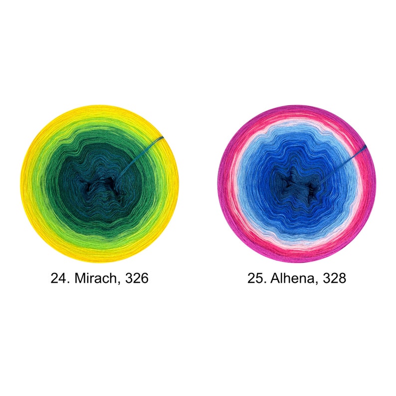 May include: Two skeins of yarn, one green and yellow gradient and one pink and blue gradient. The yarn is wound into a ball shape. The yarn is labeled with the numbers 24 and 25, and the names Mirach and Alhena.