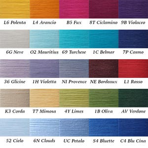 May include: A colour chart of embroidery floss with 20 different colours, including yellow, orange, pink, red, blue, green, and purple. Each colour is labelled with a number and a name, such as "L6 Polenta", "B5 Fux", and "69 Turchese".