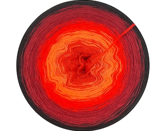 May include: A circular ball of yarn with a gradient colour scheme, transitioning from black to deep red, then to orange and finally to a bright orange centre. The yarn is tightly wound, with a strand extending from the centre.