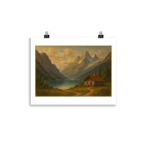 Vintage Mountain Cabin Print: Rustic Alpine Lake Landscape Wall Art