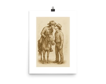Vintage Sepia Cowboy Kiss Print | Gay Cowboy Couple Art | Rustic Western LGBTQ+ Wall Decor