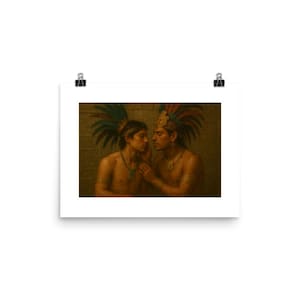 May include: A framed print featuring a historical painting of two men. They are adorned with elaborate feathered headdresses, necklaces, and armbands. The artwork has a warm, earthy color palette, with detailed rendering of skin tones and textures.