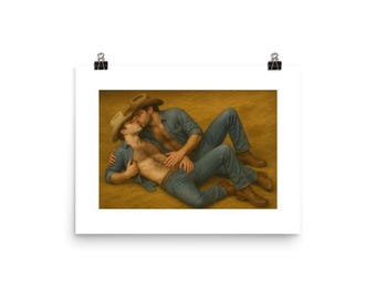 Gay Cowboy Kiss Art Print: Romantic Western LGBTQ+ Wall Decor