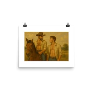 Prairie Gaze – Gay Cowboy Art Print, Romantic Western Scene with Horse, Rustic Country LGBTQ+ Wall Decor, Vintage Americana Physical Print