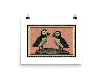 Vintage Puffin Art Print: Retro Nordic Coastal Bird Illustration