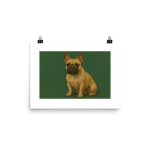French Bulldog Art Print: Tan Frenchie Portrait, Green Background
