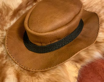 Sand bison leather hat with black hat band (see description for size)