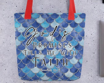 LIMITED EDITION Christian Tote Bag, Bible Verse Inspirational Motivational Gifts, God's Promises Fills Me With Faith (10 Designs)